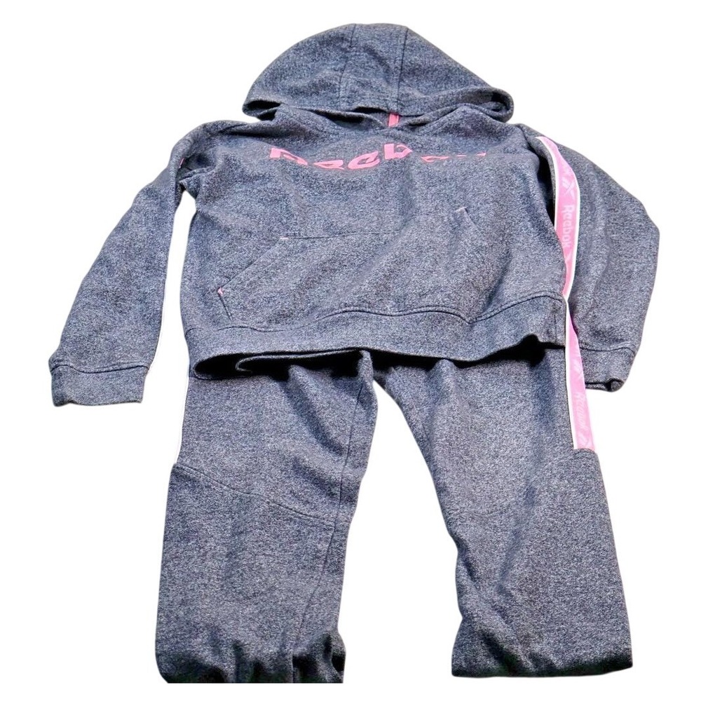 Reebok Tracksuit Girls 12 Gray Fleece Hoodie Sweatpants Pink Logo 2 Piece Set